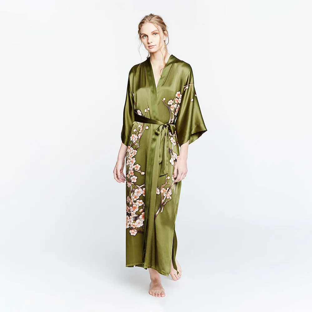 Silk Handpainted Cherry Blossom Long Kimono Robe