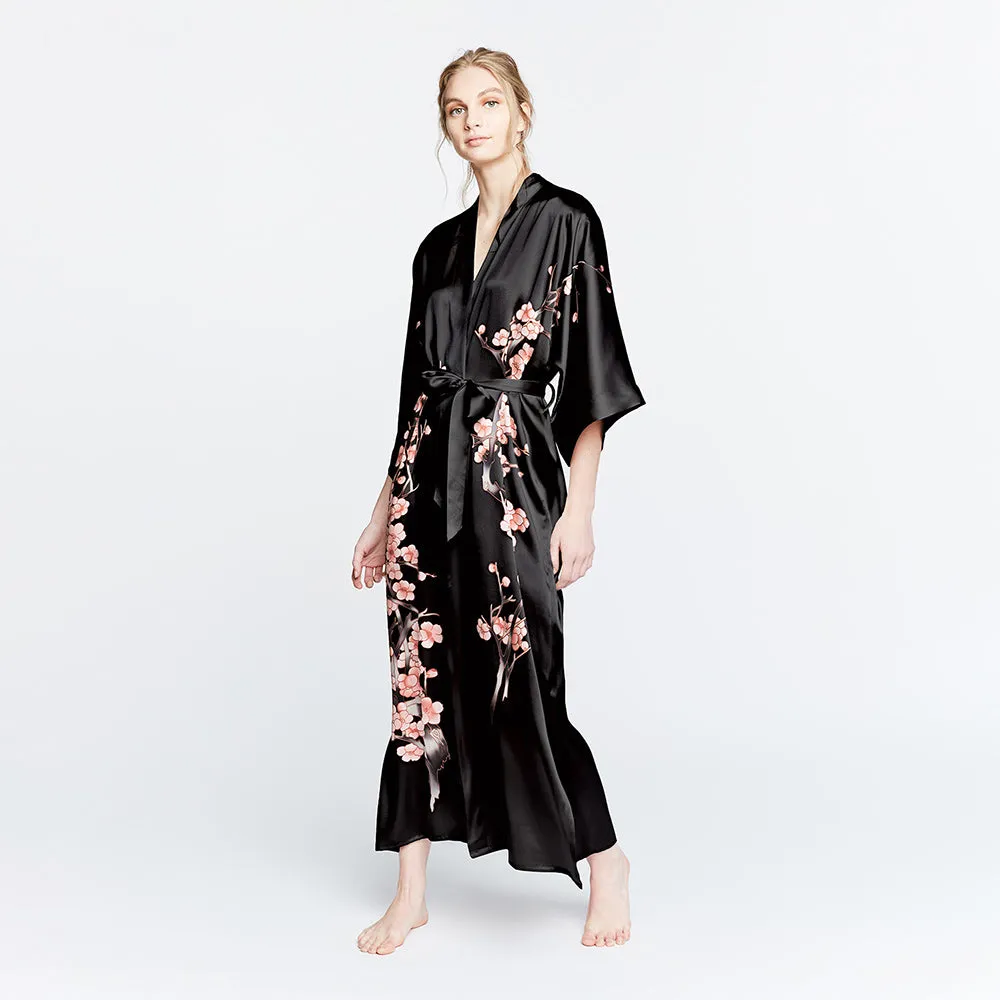 Silk Handpainted Cherry Blossom Long Kimono Robe