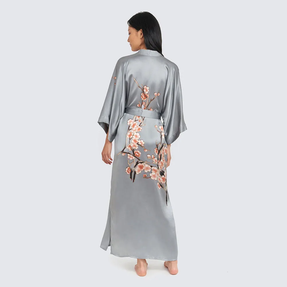 Silk Handpainted Cherry Blossom Long Kimono Robe