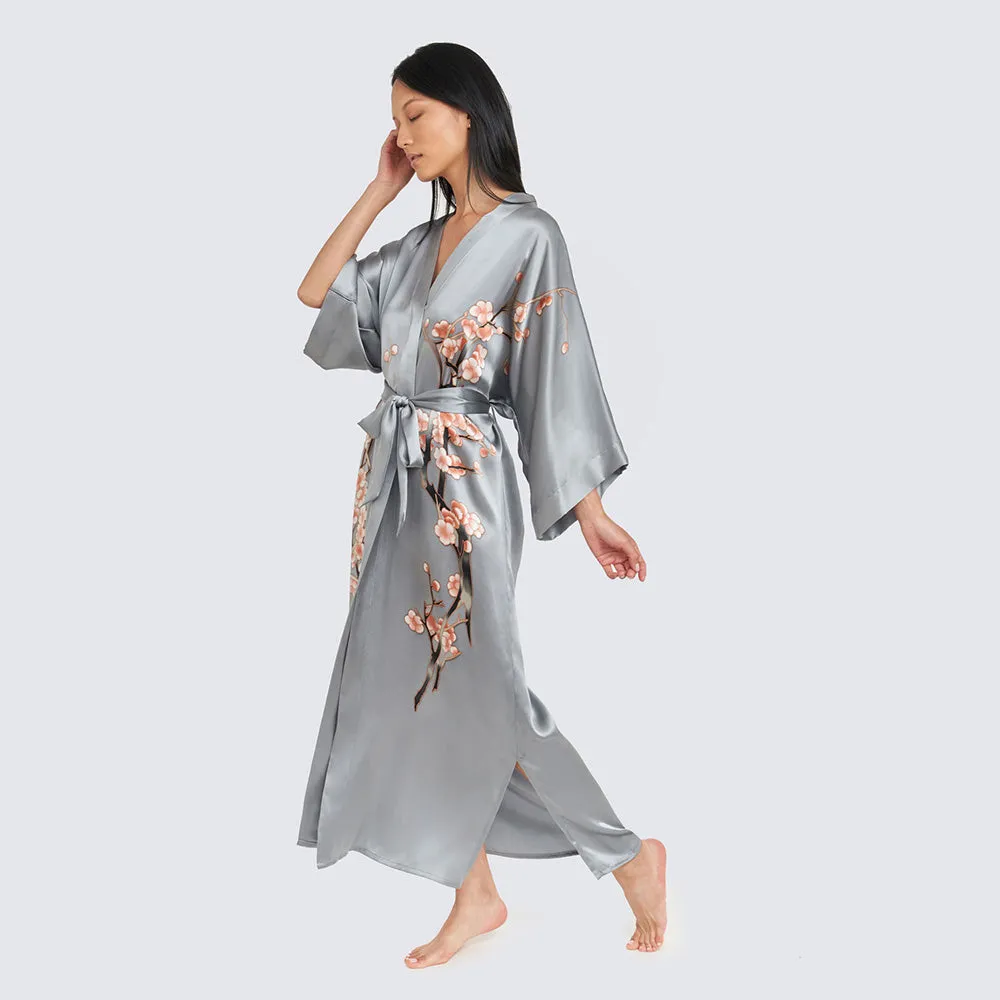 Silk Handpainted Cherry Blossom Long Kimono Robe