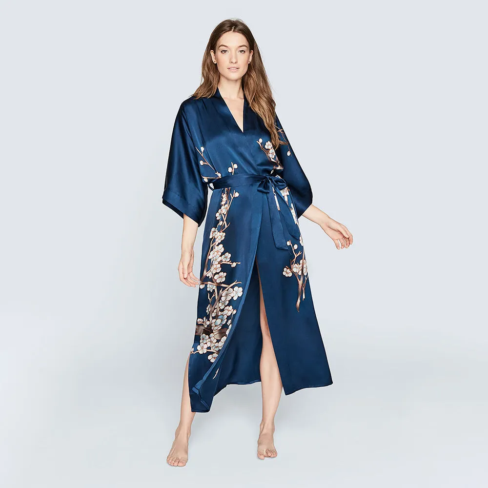 Silk Handpainted Cherry Blossom Long Kimono Robe