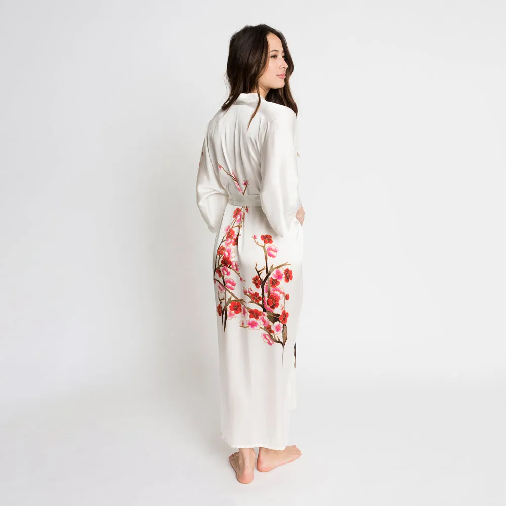 Silk Handpainted Cherry Blossom Long Kimono Robe