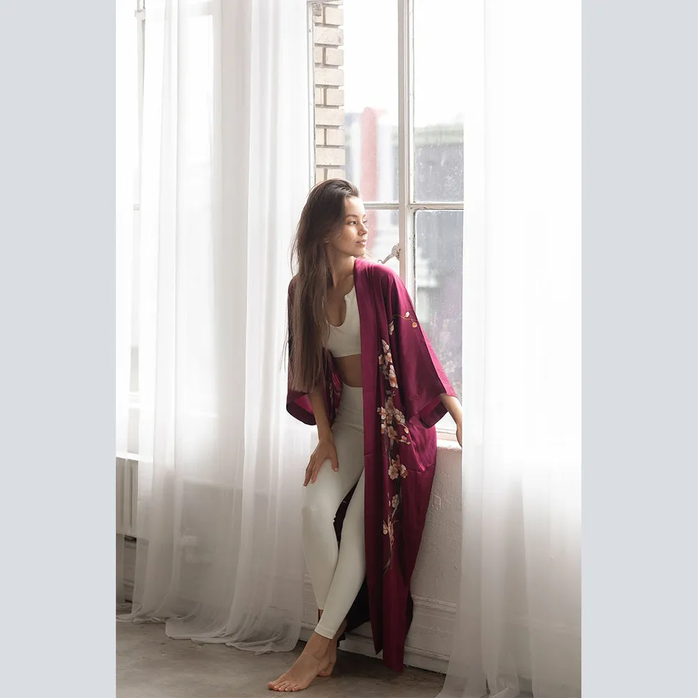 Silk Handpainted Cherry Blossom Long Kimono Robe