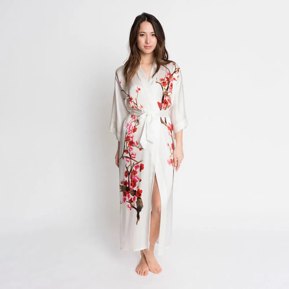 Silk Handpainted Cherry Blossom Long Kimono Robe