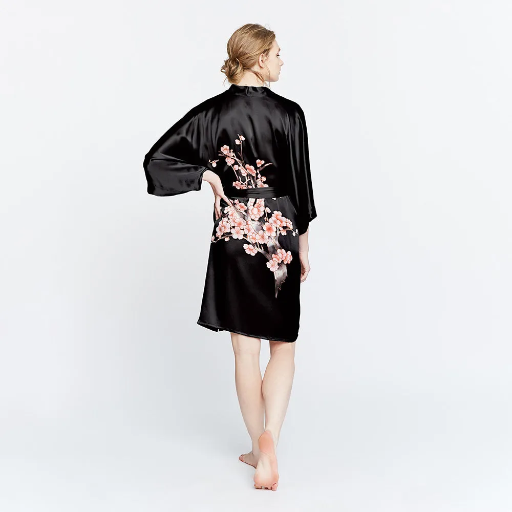 Silk Handpainted Cherry Blossom Short Kimono Robe