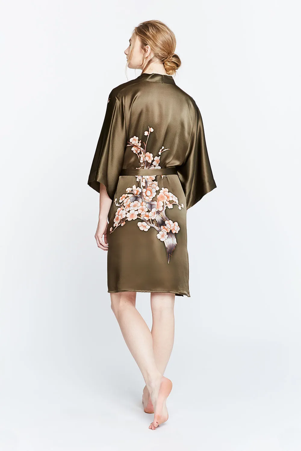 Silk Handpainted Cherry Blossom Short Kimono Robe