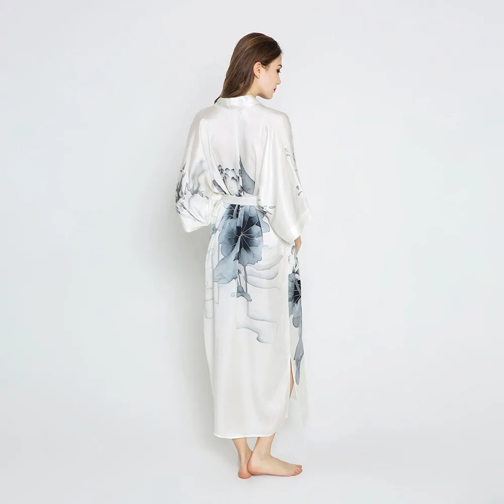 Silk Handpainted Lotus Long Kimono Robe