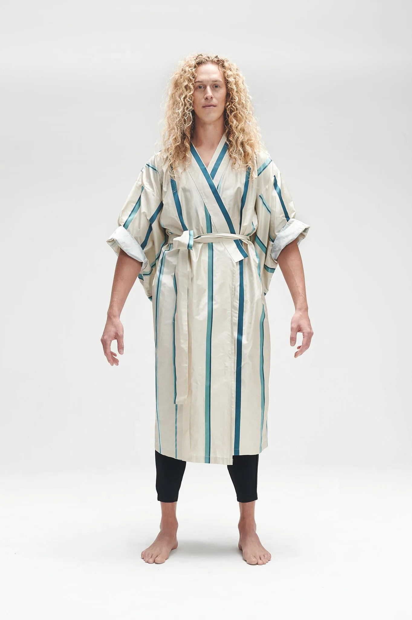 Silk Kimono with blue & cream stripes