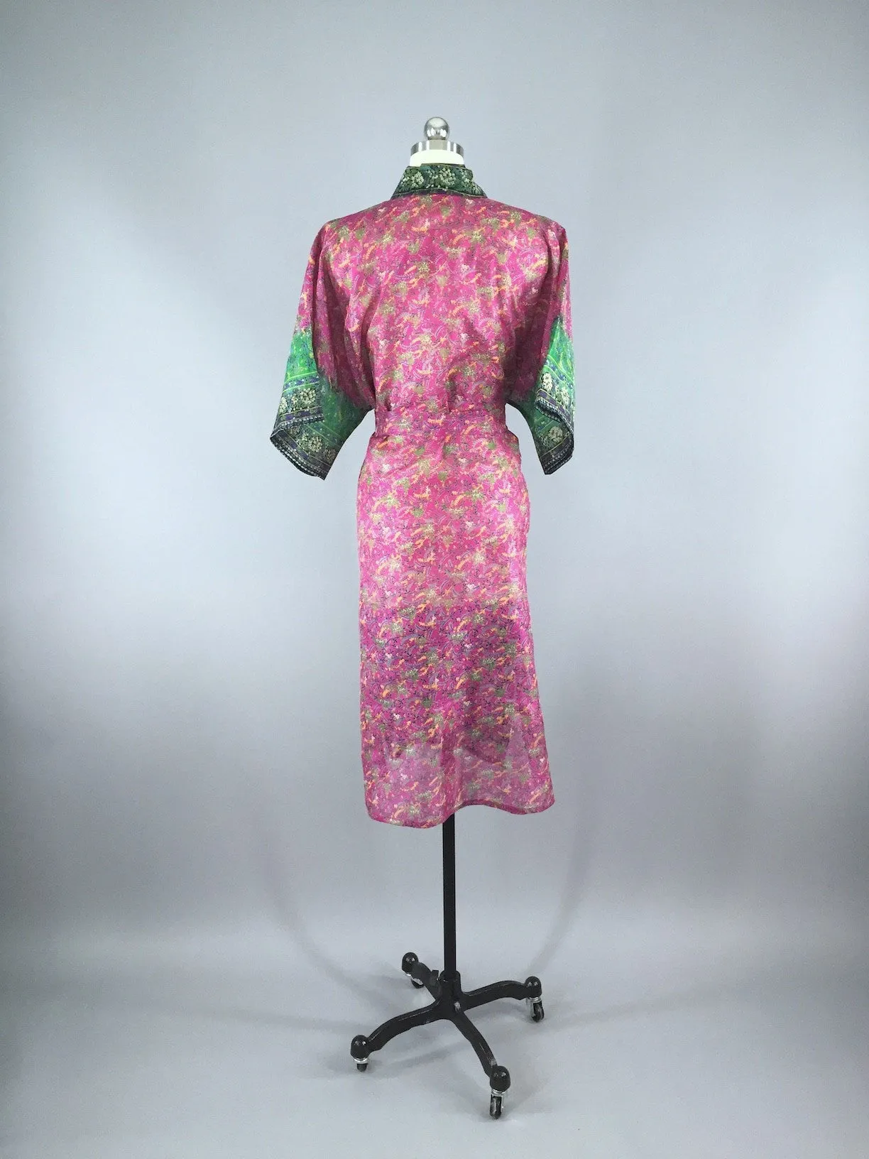 Silk Organdy Sari Robe / Pink and Blue Floral Print