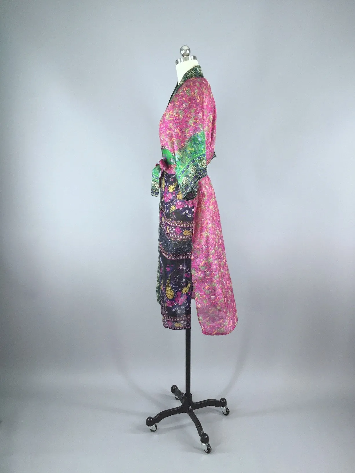 Silk Organdy Sari Robe / Pink and Blue Floral Print