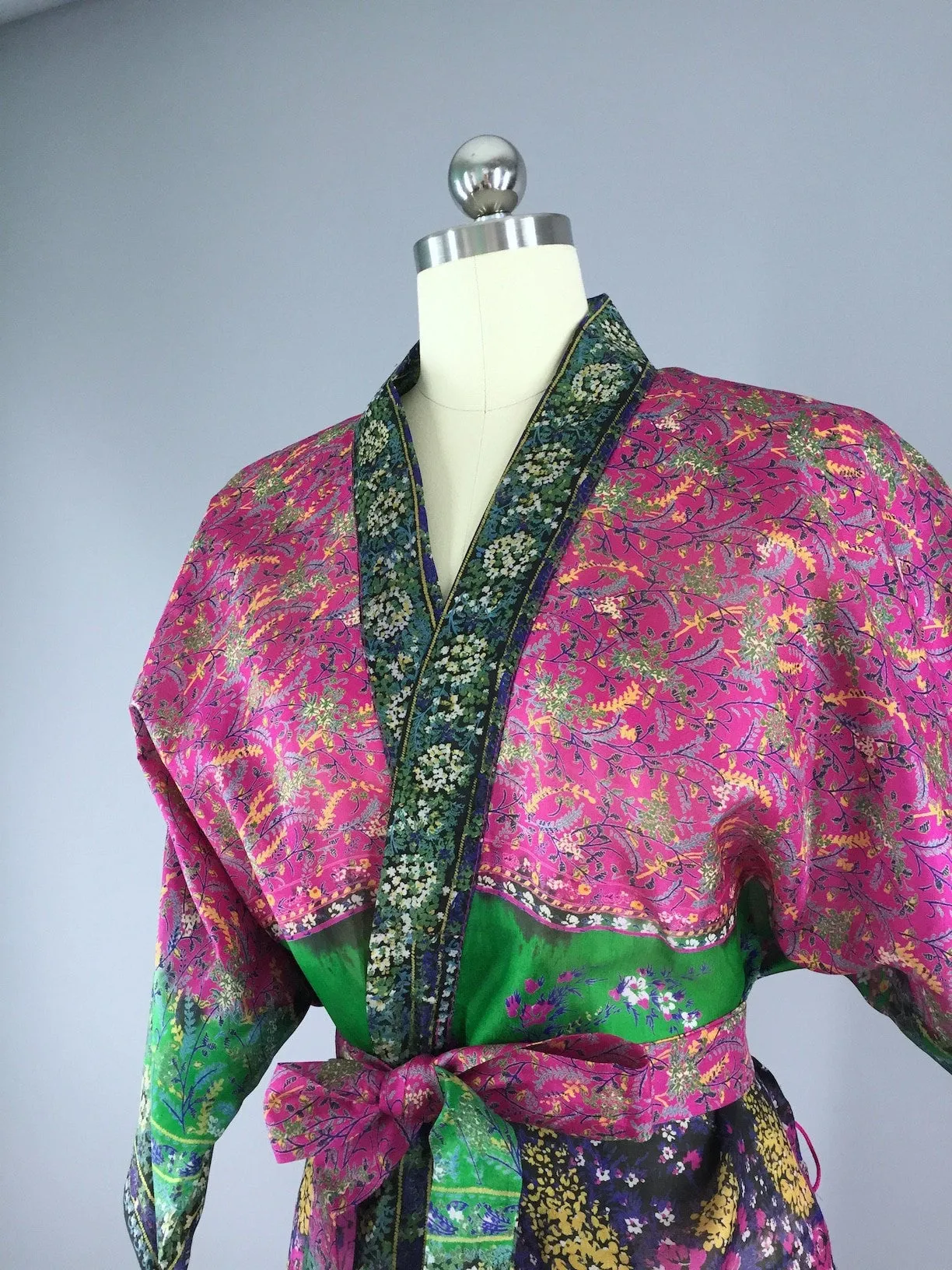 Silk Organdy Sari Robe / Pink and Blue Floral Print