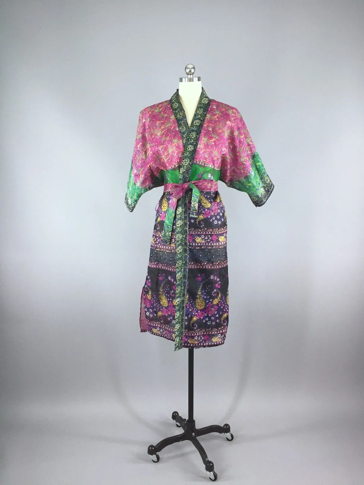 Silk Organdy Sari Robe / Pink and Blue Floral Print