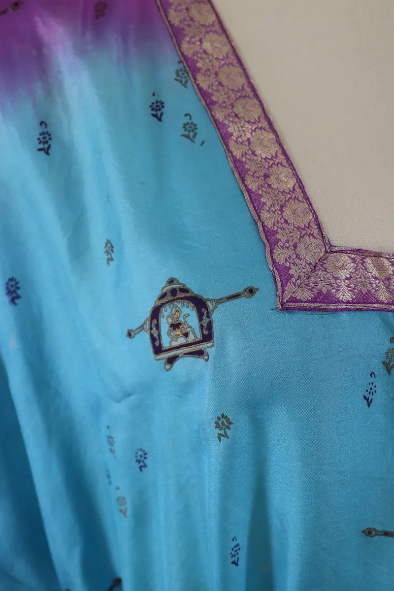 Silk Sari Kaftan Dress / Blue & Purple