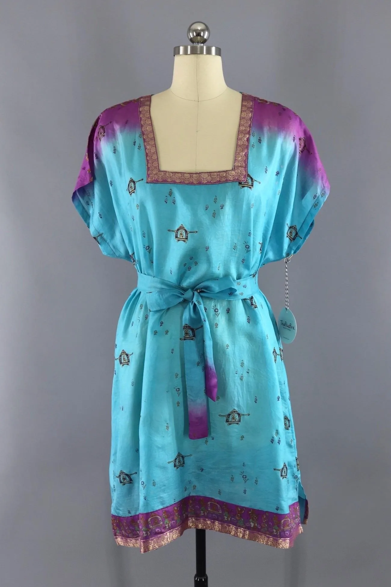 Silk Sari Kaftan Dress / Blue & Purple