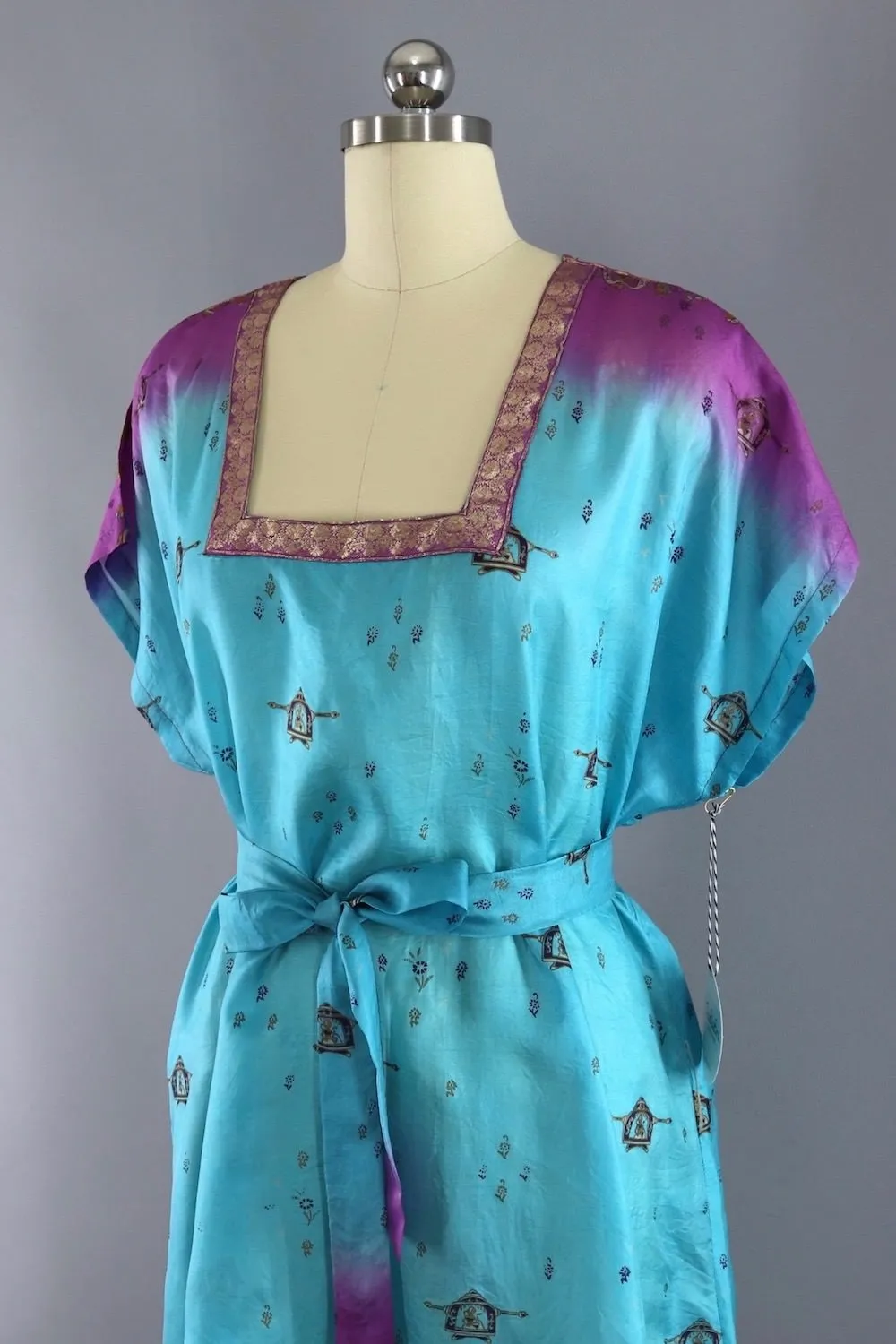 Silk Sari Kaftan Dress / Blue & Purple