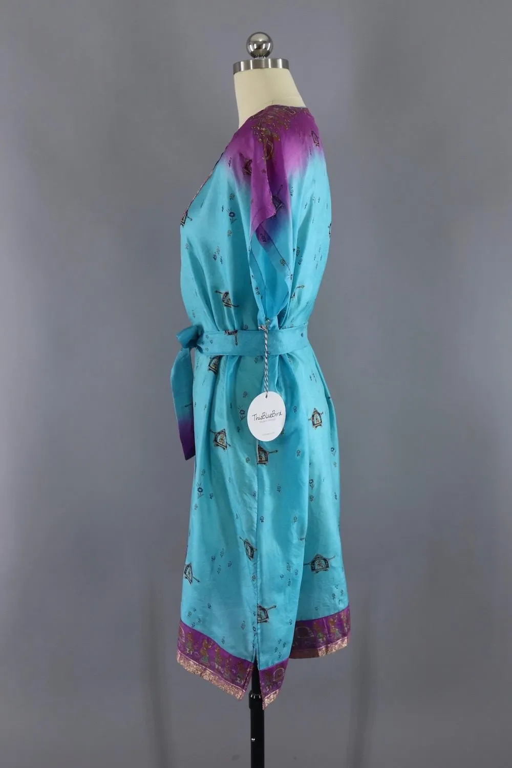 Silk Sari Kaftan Dress / Blue & Purple