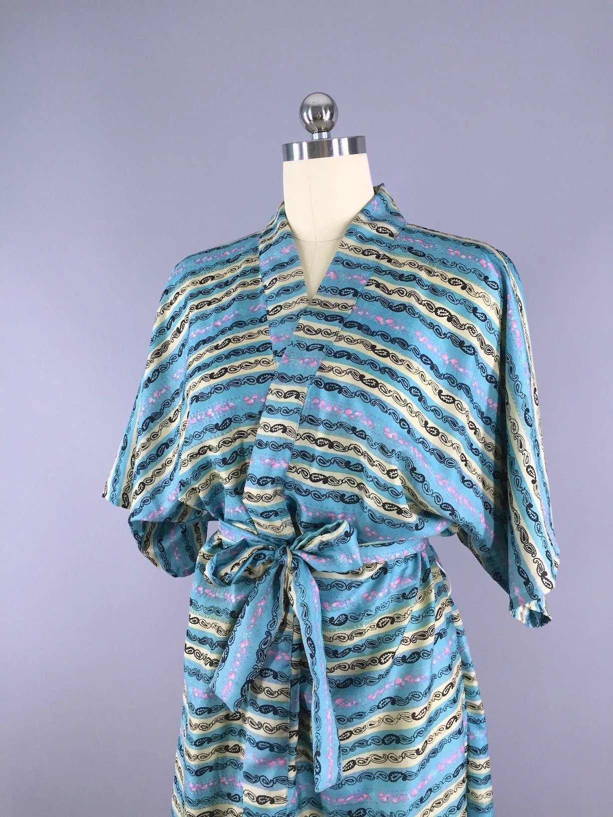 Silk Sari Robe / Aqua Paisley Stripes