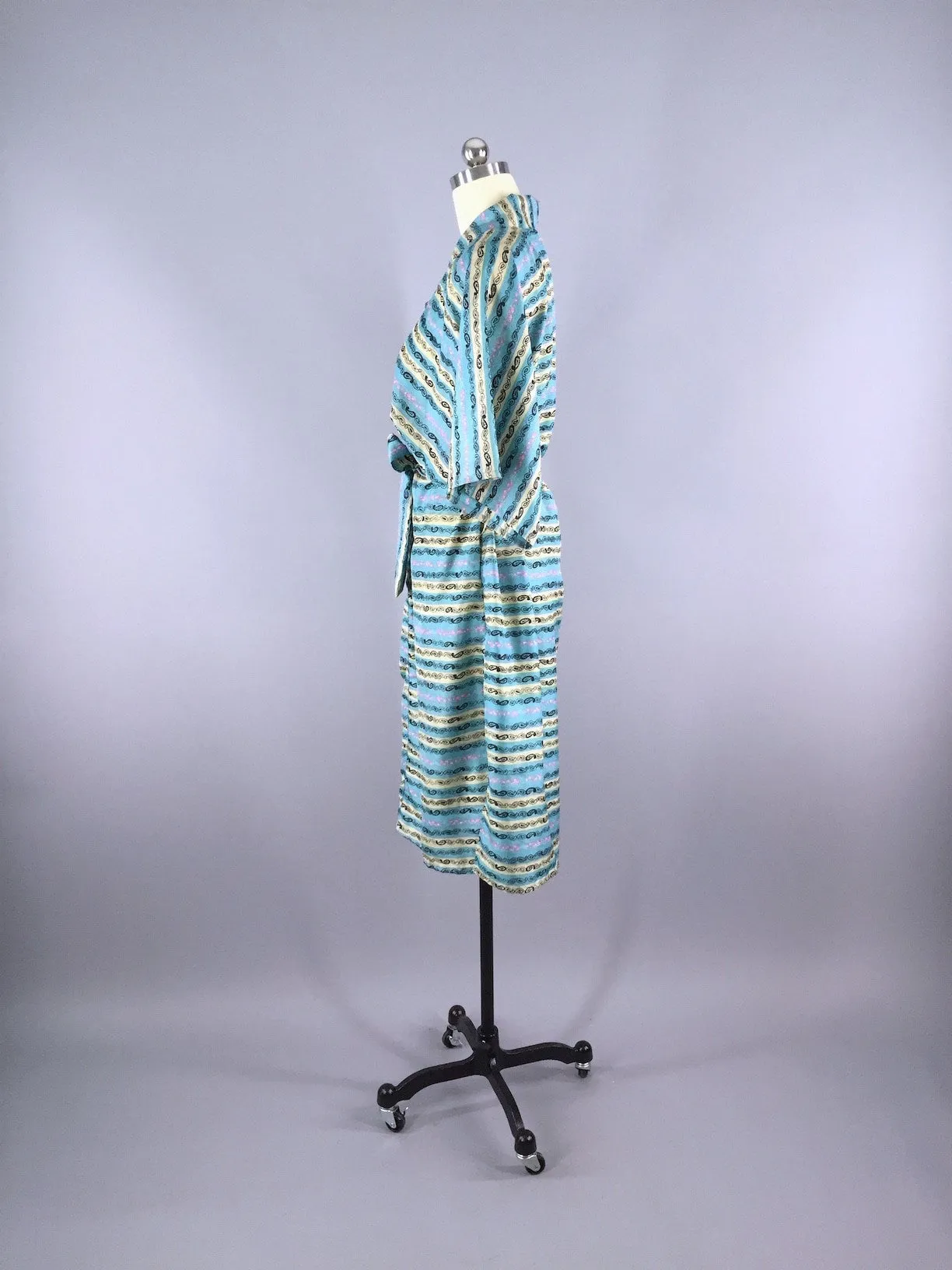 Silk Sari Robe / Aqua Paisley Stripes