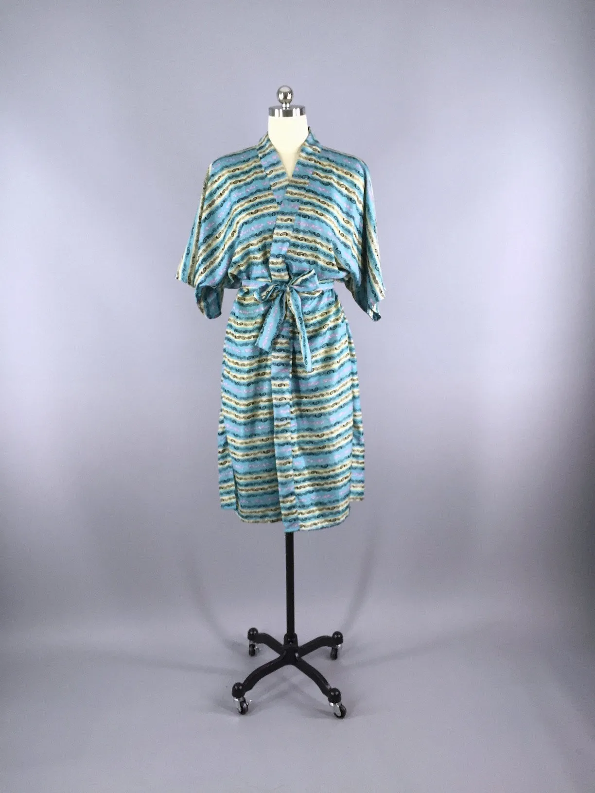 Silk Sari Robe / Aqua Paisley Stripes