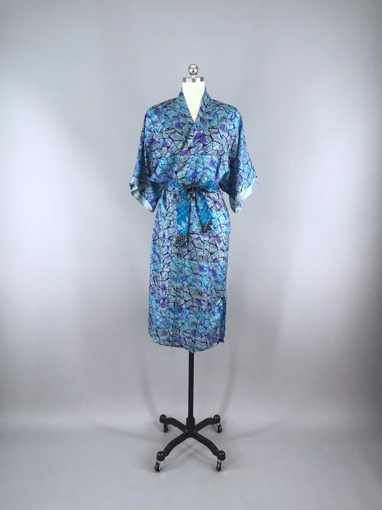 Silk Sari Robe / Blue Abstract Print