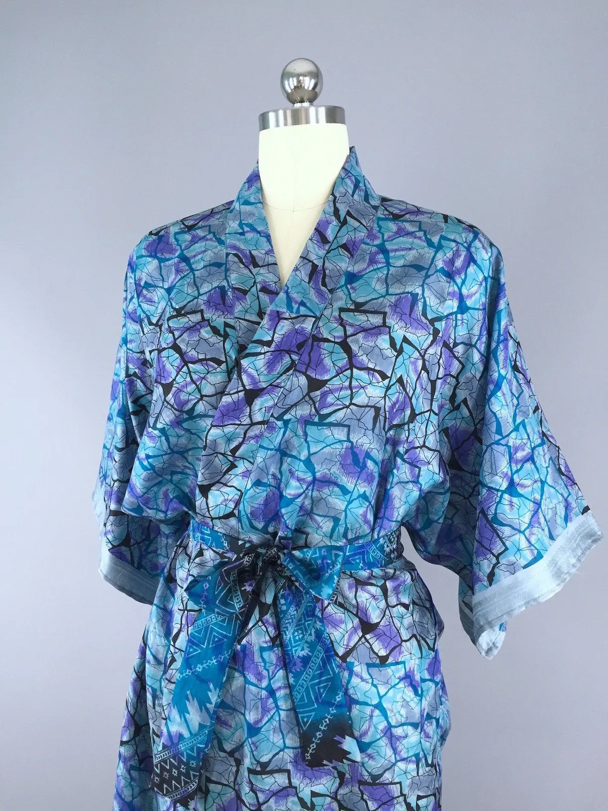 Silk Sari Robe / Blue Abstract Print