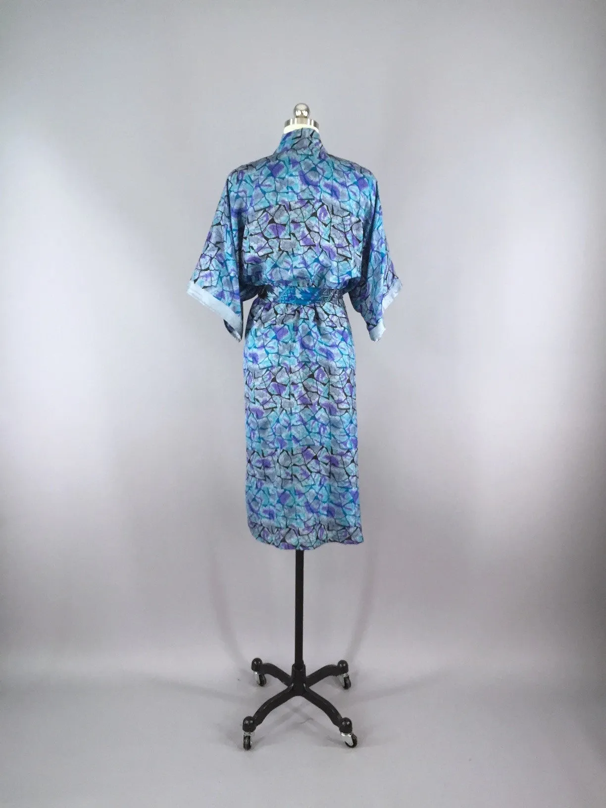 Silk Sari Robe / Blue Abstract Print