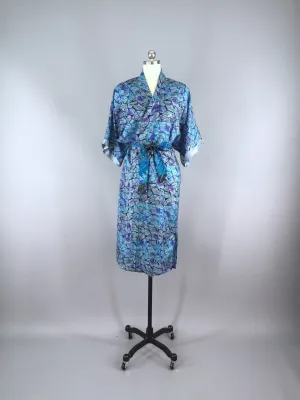 Silk Sari Robe / Blue Abstract Print