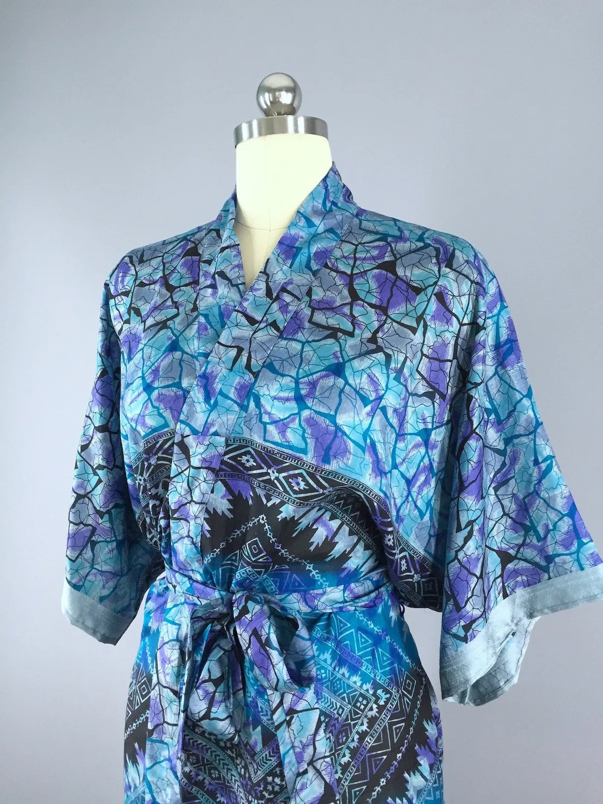 Silk Sari Robe / Blue Aztec