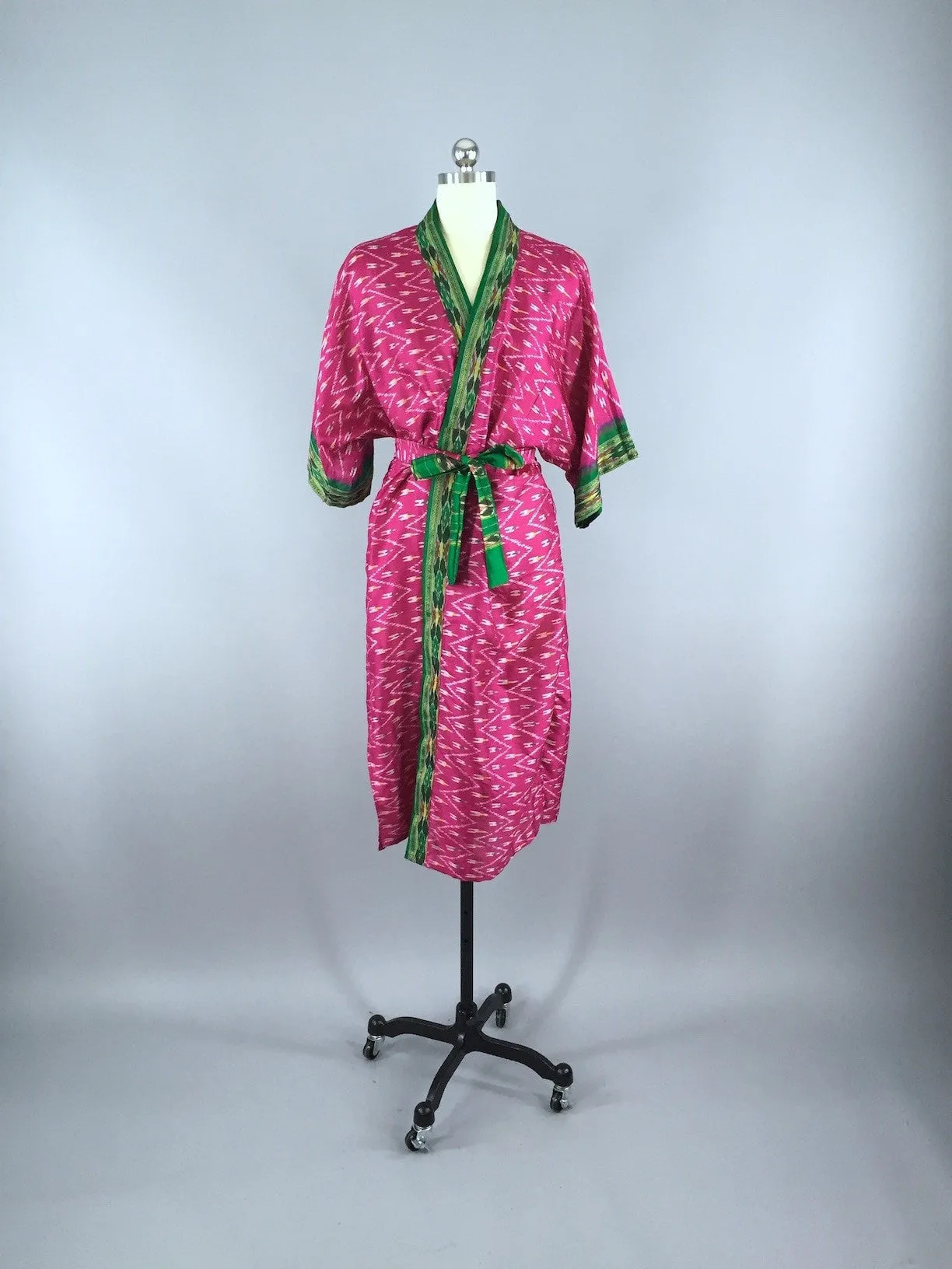 Silk Sari Robe / Bright Pink & Green Ikat