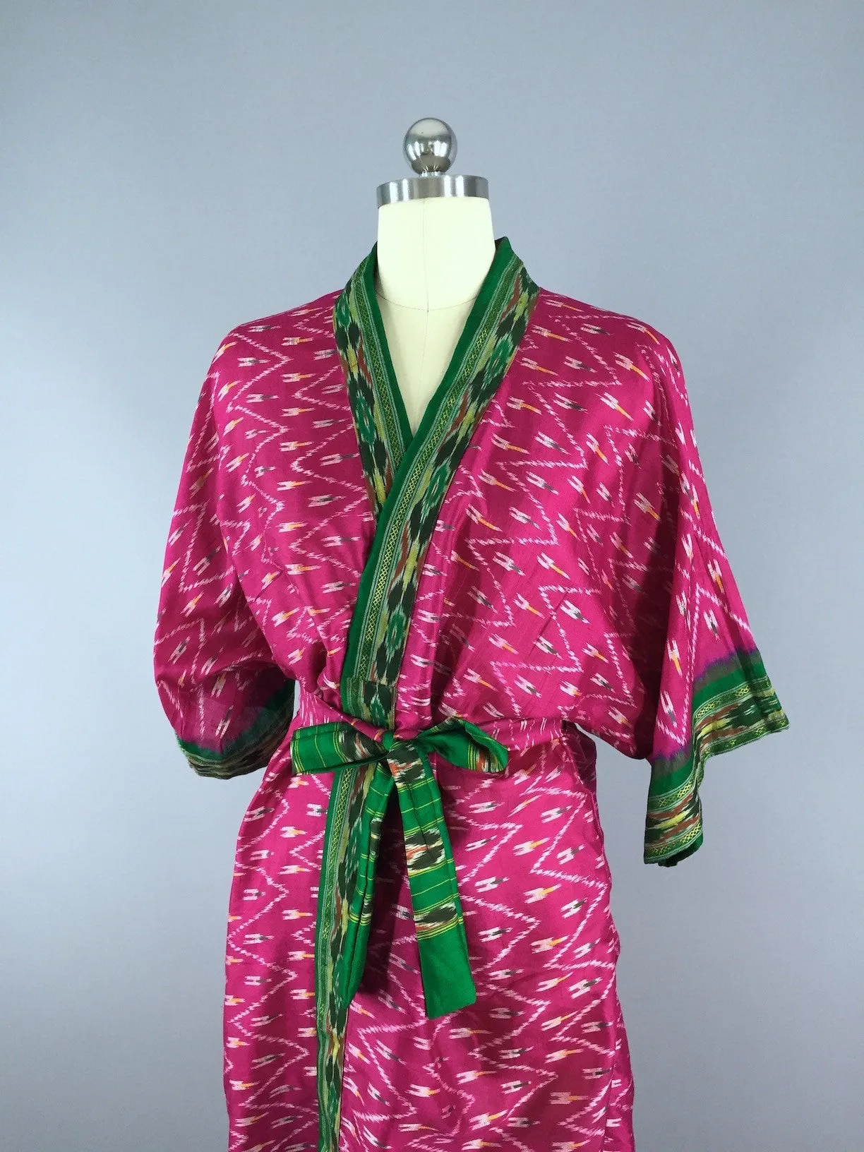 Silk Sari Robe / Bright Pink & Green Ikat