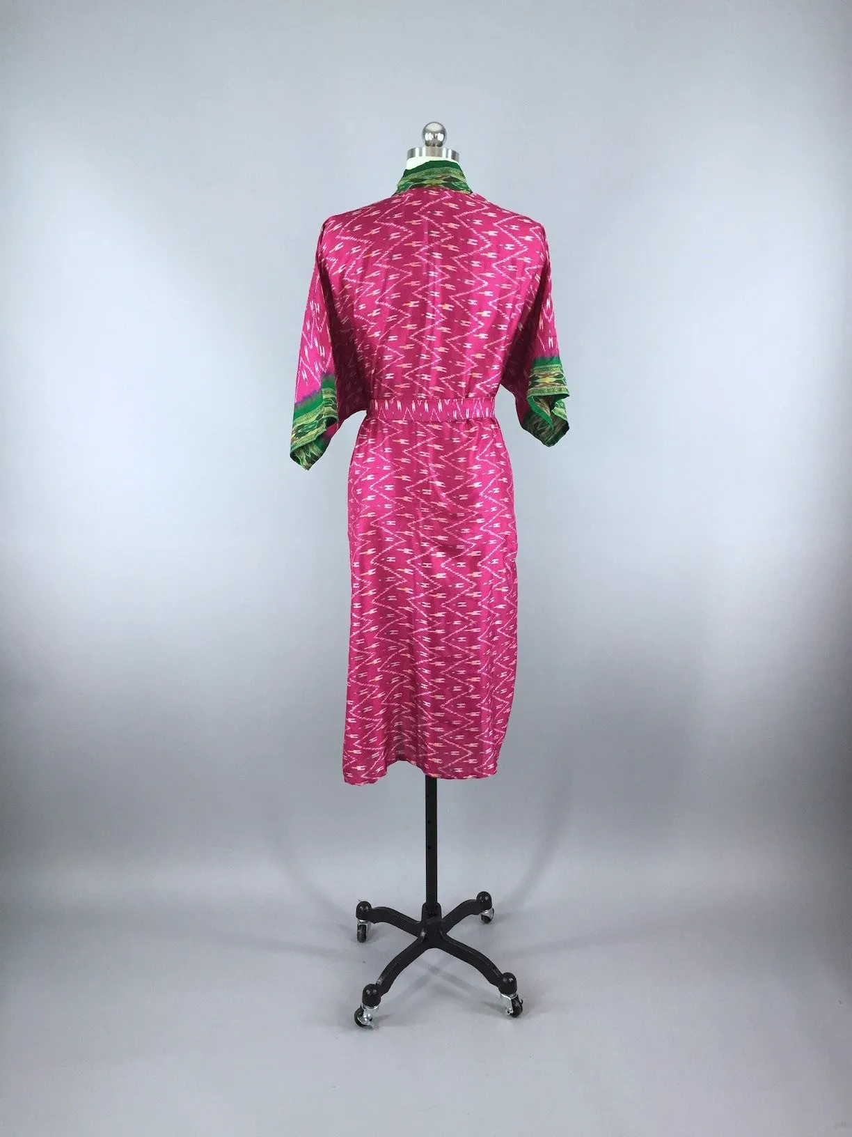 Silk Sari Robe / Bright Pink & Green Ikat