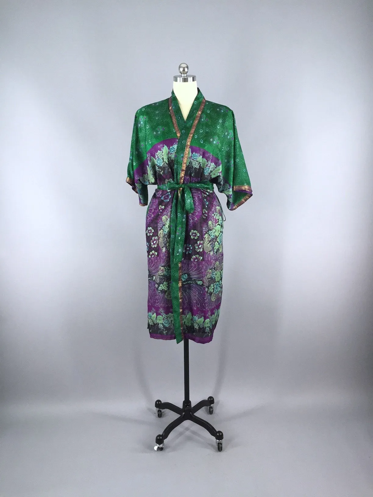 Silk Sari Robe / Forest Green & Purple Floral Print