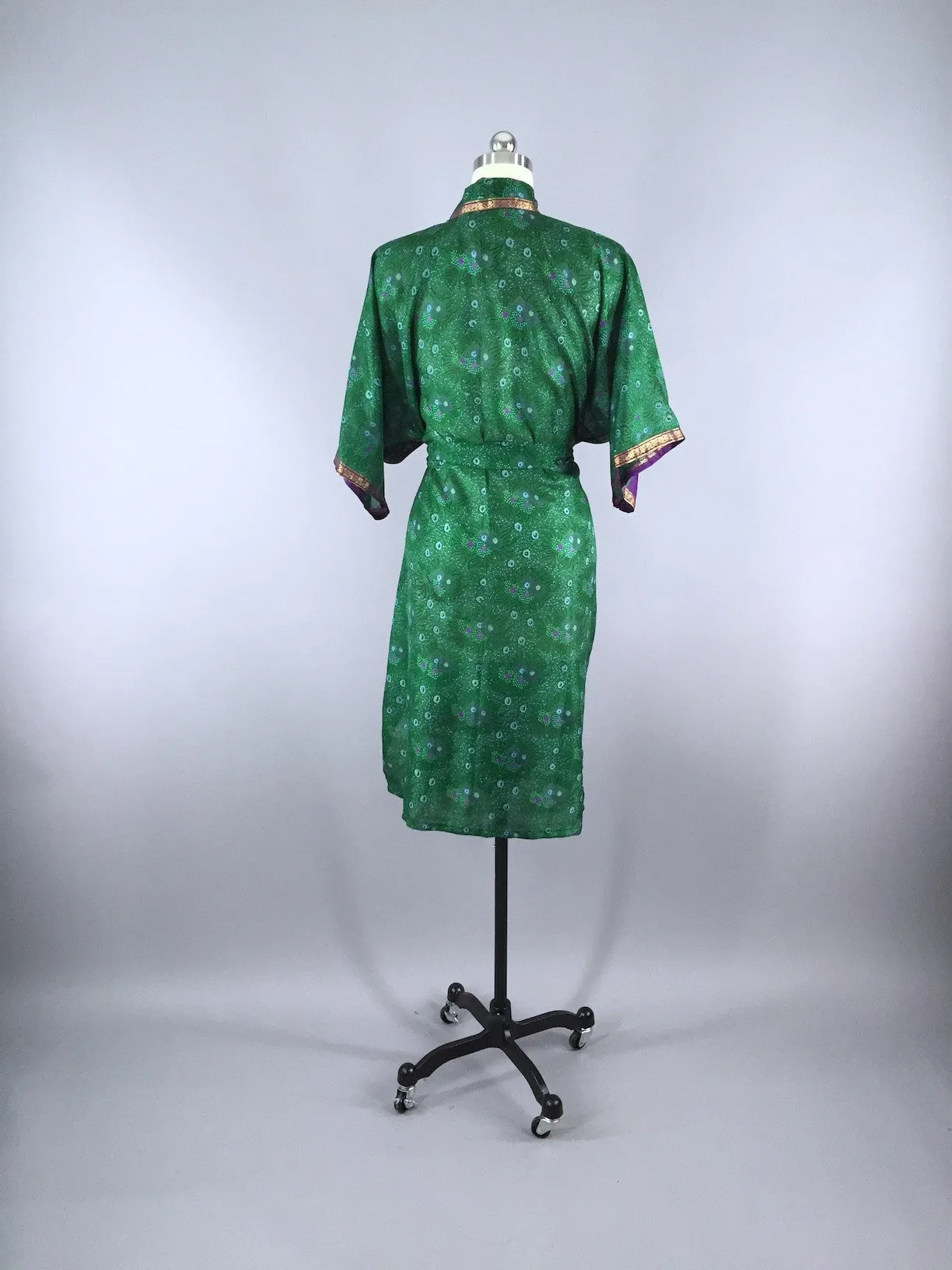 Silk Sari Robe / Forest Green & Purple Floral Print