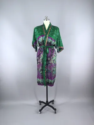 Silk Sari Robe / Forest Green & Purple Floral Print