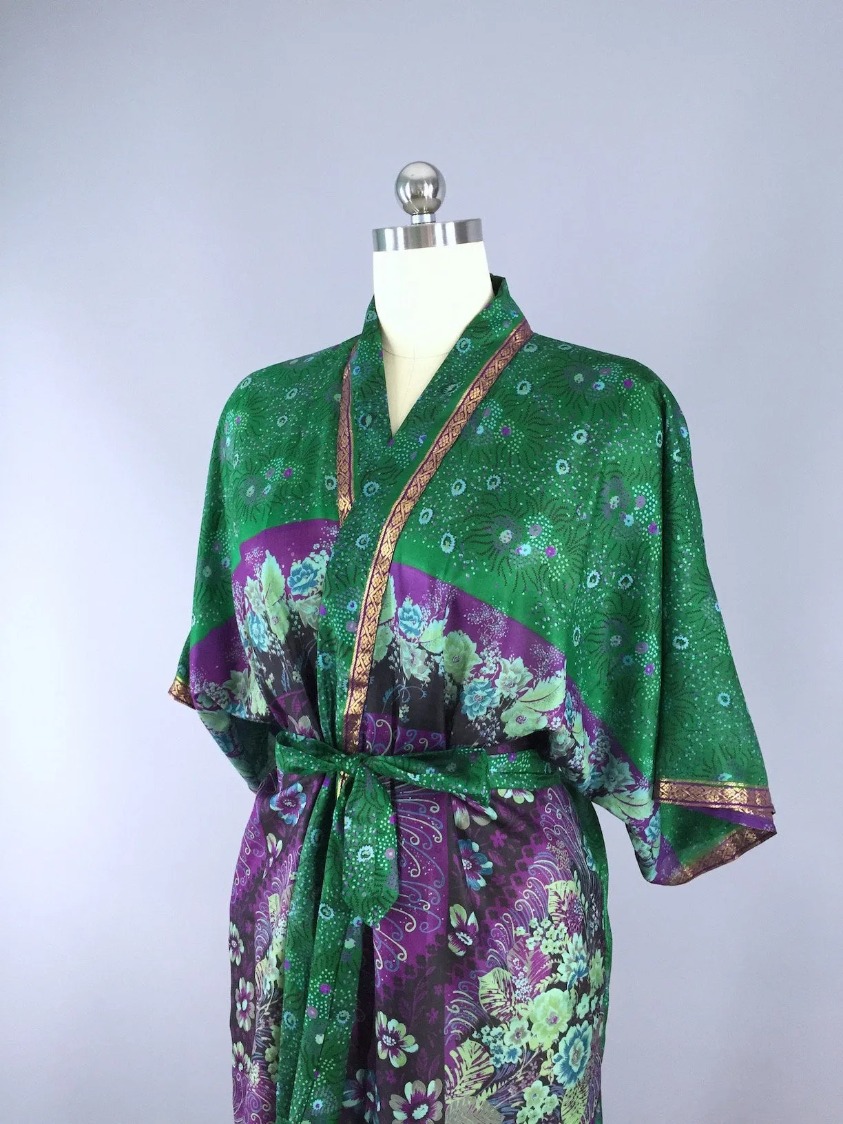 Silk Sari Robe / Forest Green & Purple Floral Print