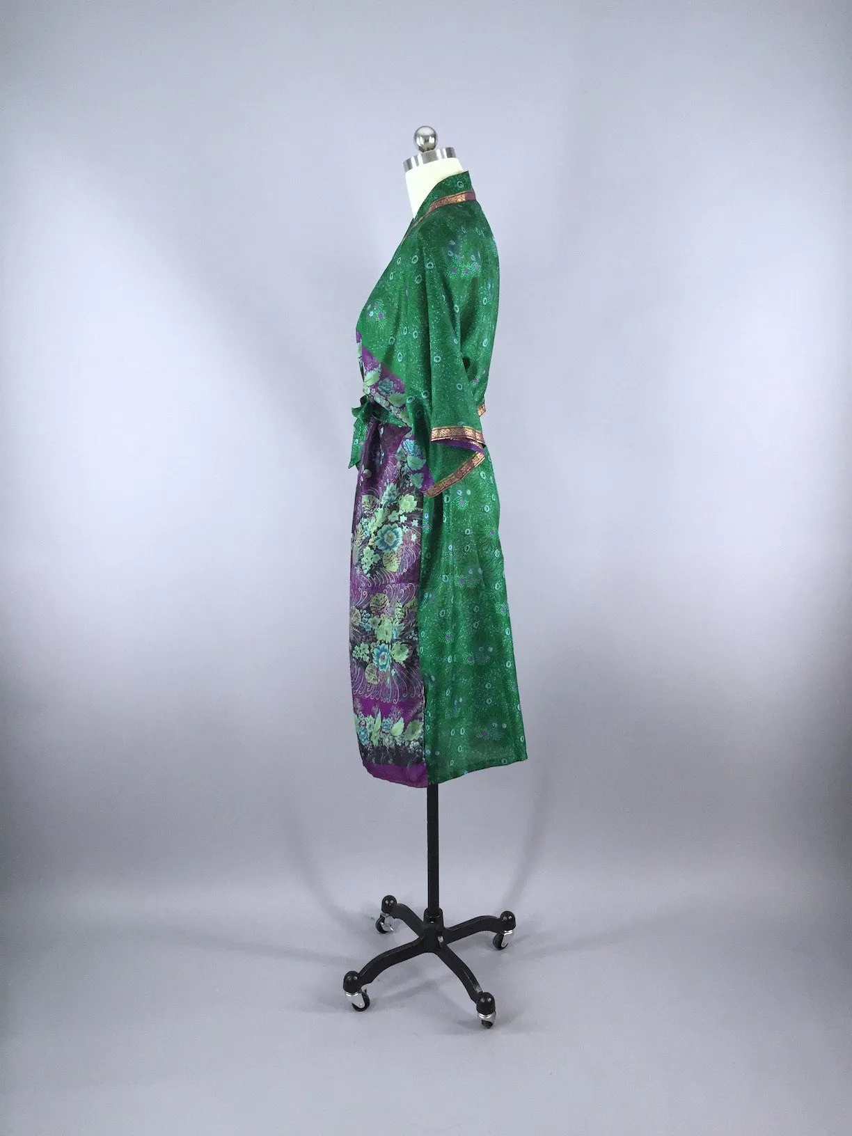 Silk Sari Robe / Forest Green & Purple Floral Print