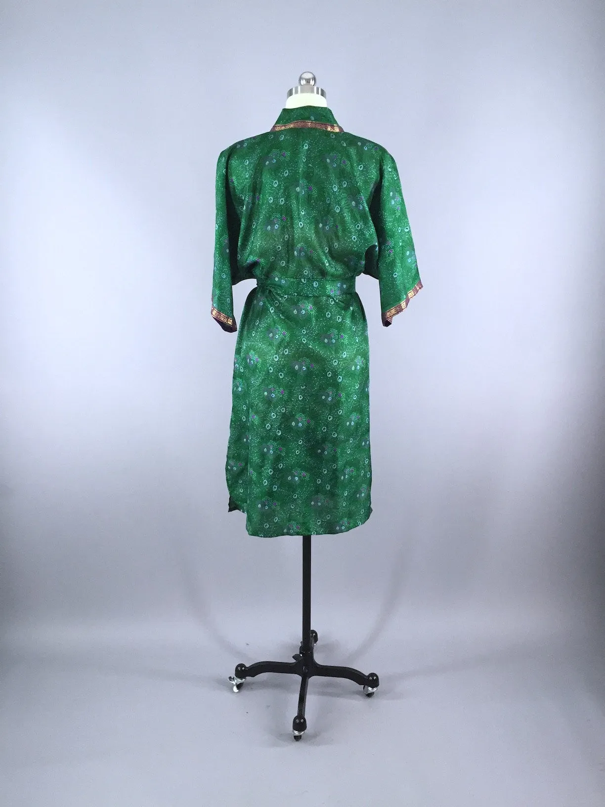 Silk Sari Robe / Forest Green Floral Print