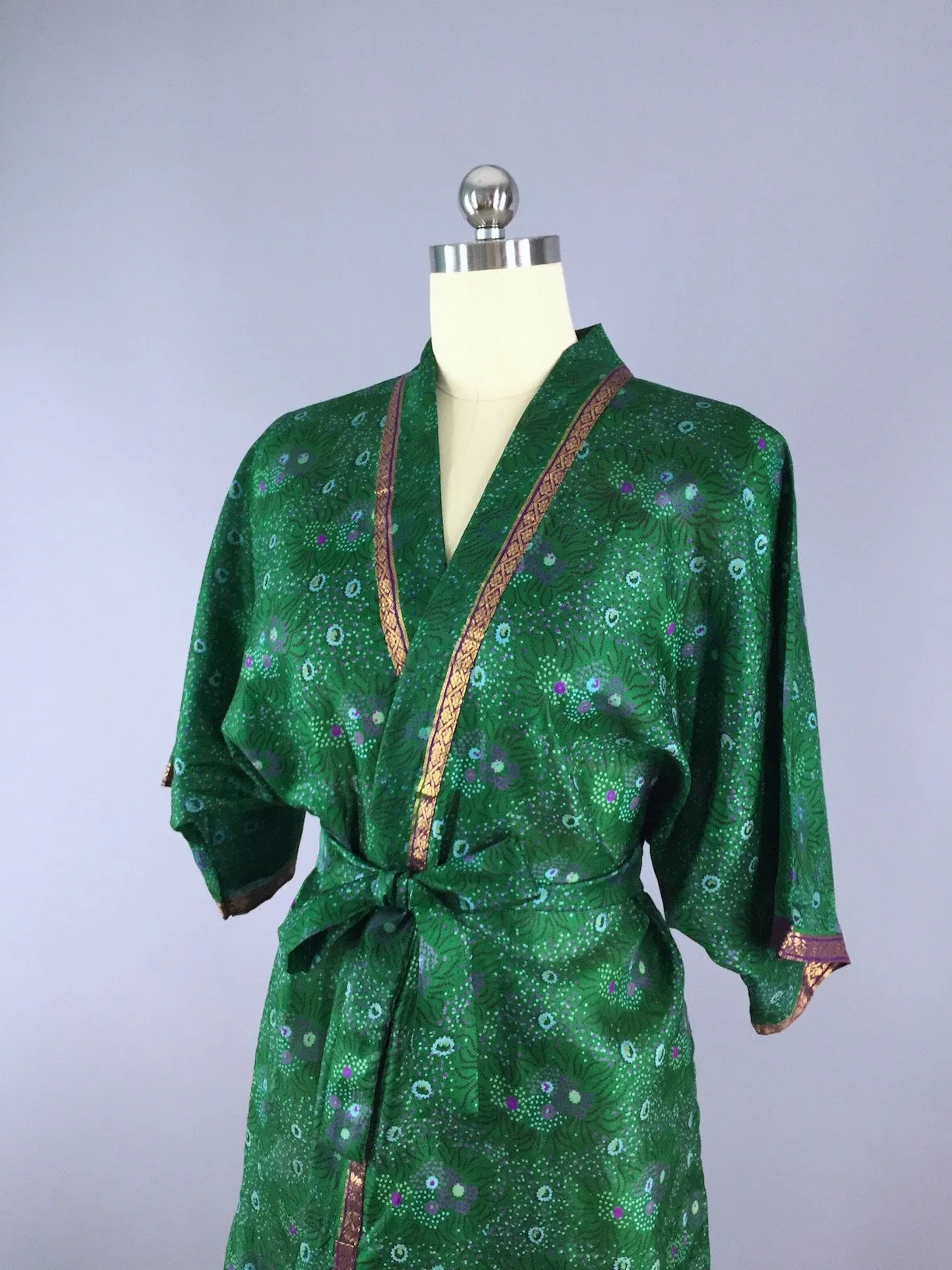 Silk Sari Robe / Forest Green Floral Print