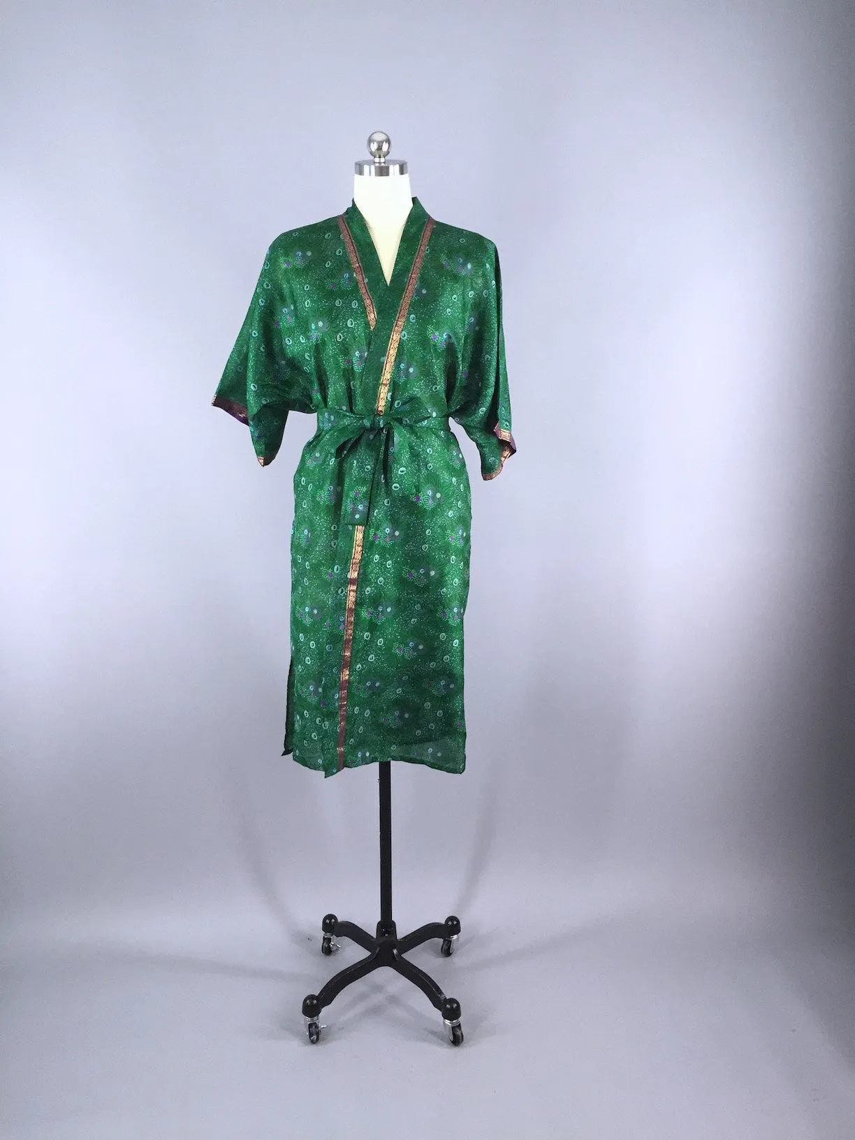 Silk Sari Robe / Forest Green Floral Print