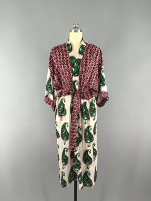 Silk Sari Robe / Green Paisley Print