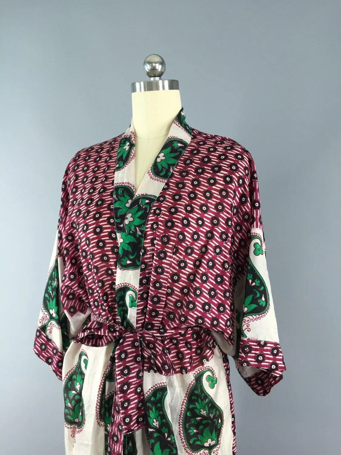 Silk Sari Robe / Green Paisley Print