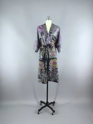 Silk Sari Robe / Grey & Black Floral Print