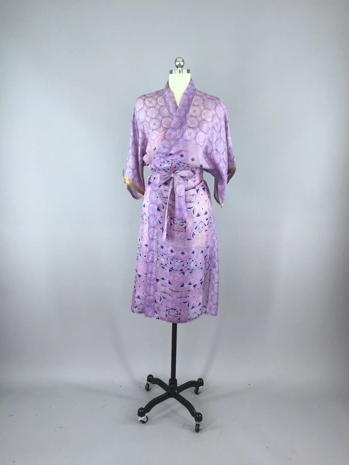 Silk Sari Robe / Lavender & Blue Abstract