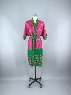 Silk Sari Robe / Magenta Pink & Green Ikat