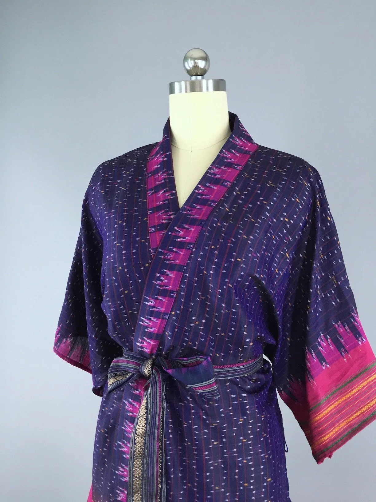 Silk Sari Robe / Navy Blue and Pink Ikat