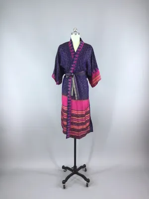 Silk Sari Robe / Navy Blue and Pink Ikat