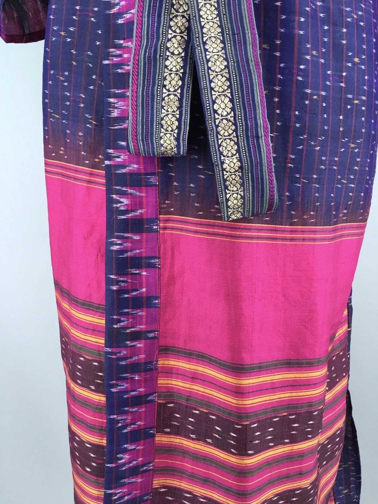 Silk Sari Robe / Navy Blue and Pink Ikat