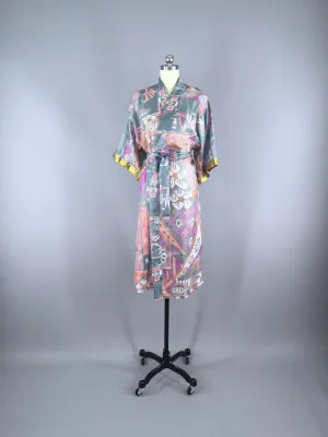 Silk Sari Robe / Peach & Grey Abstract Floral Print