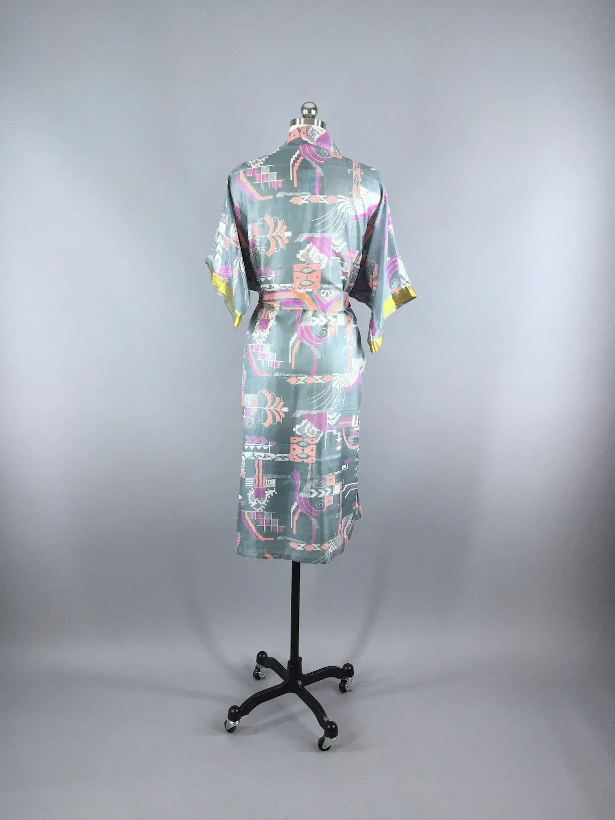 Silk Sari Robe / Peach & Grey Abstract Floral Print