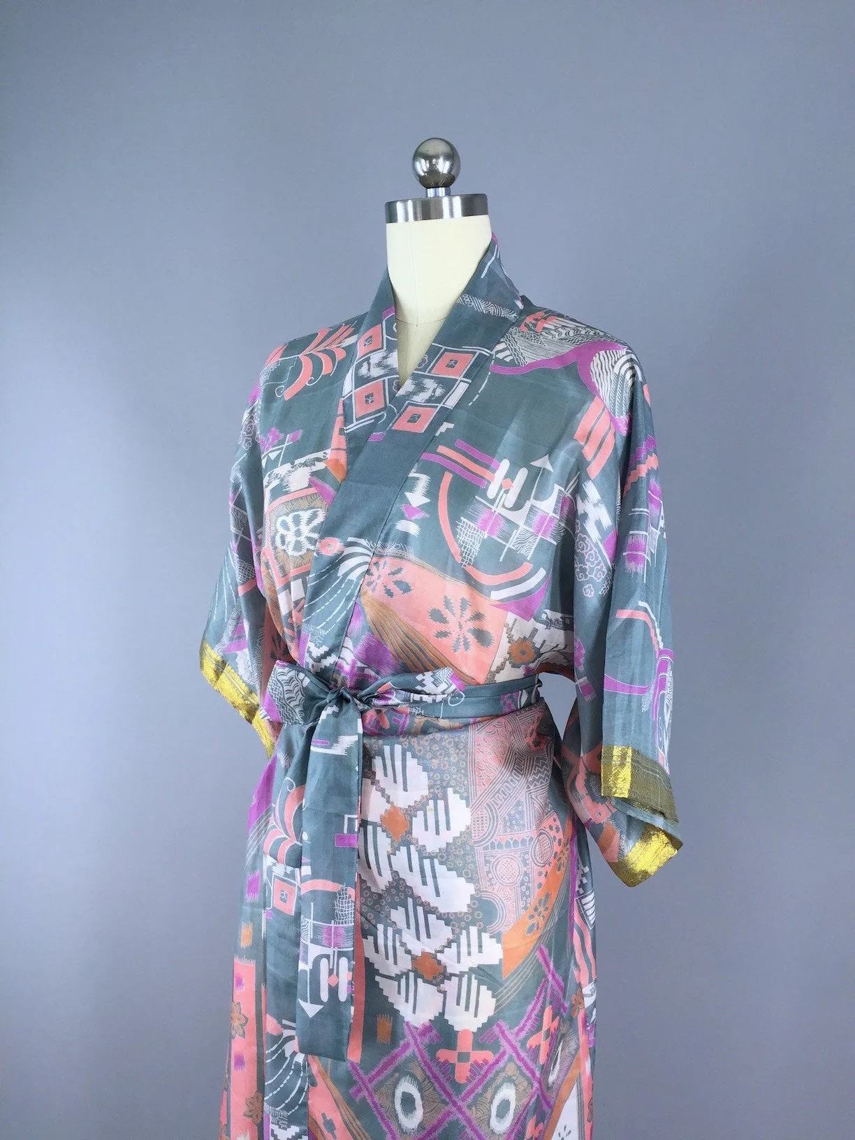 Silk Sari Robe / Peach & Grey Abstract Floral Print